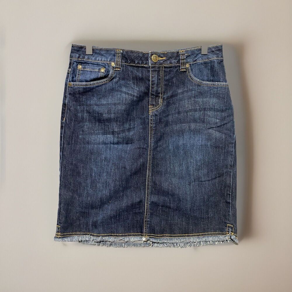 Y2K Jean Denim Skirt Sz 8 Blue Straight Knee Length Frayed Hem Dark Classic 90s